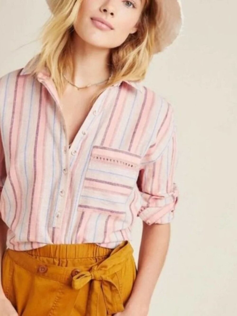 Maeve for Anthropologie Striped Linen-Cotton Button Down